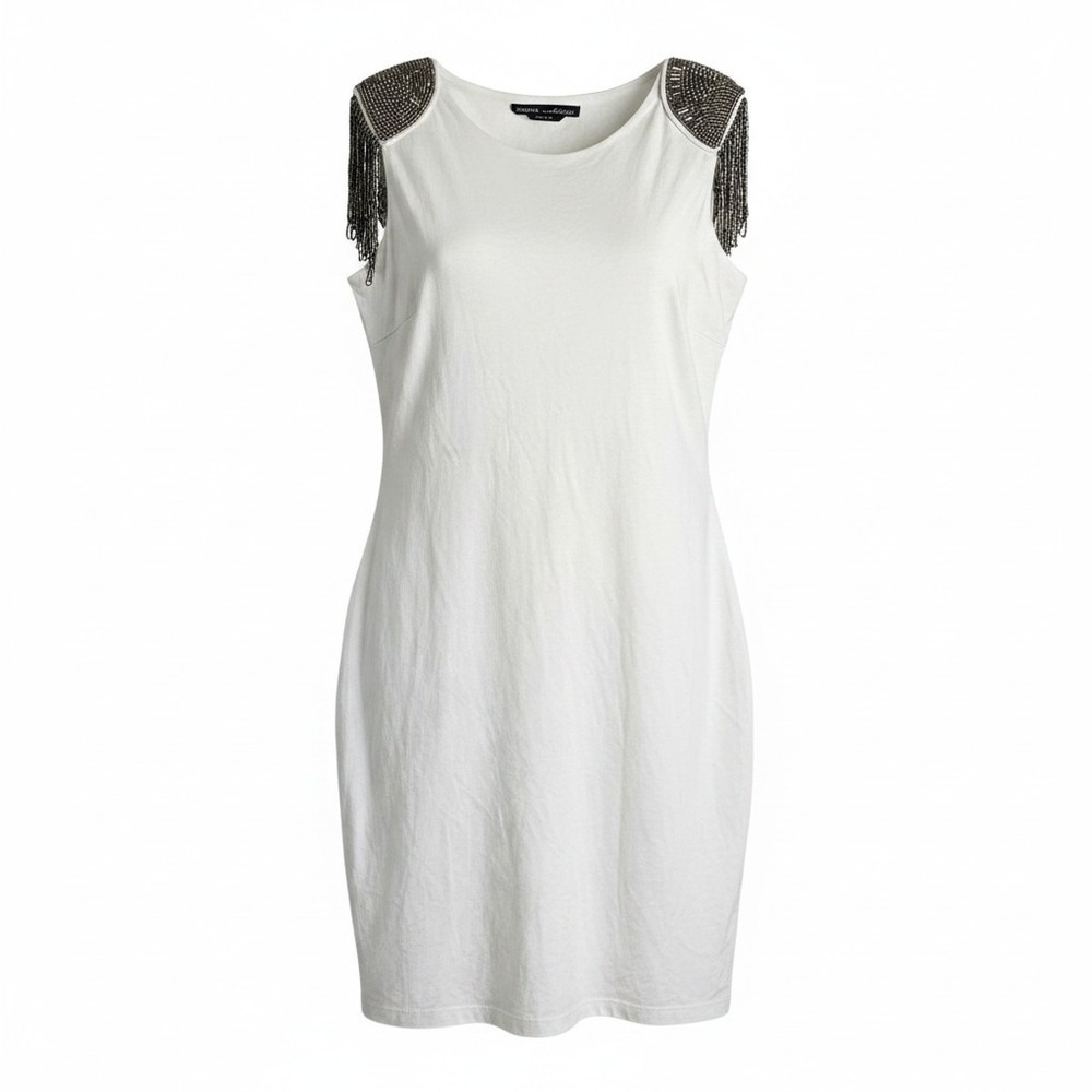 Bebe Addiction White Mini Dress Silver Beaded Fringe Shoulder Epaulettes